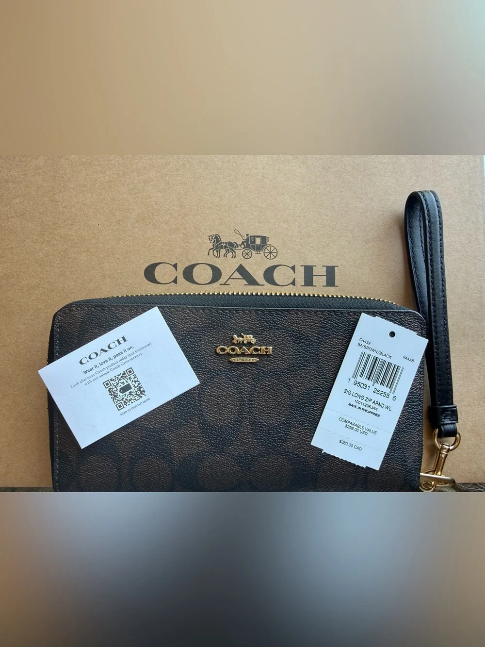 Coach Brown and Black Signature Zip Wallet with Gold Logo
